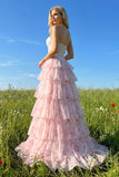 Pink Floral Strapless Tiered A Line Corset Print Beaded Long Prom Dress with Ruffles