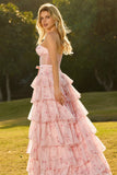 Pink Strapless Floral A Line Corset Beaded Tiered Long Prom Dress with Ruffles