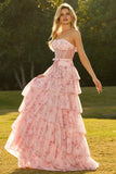Pink Strapless Floral A Line Corset Beaded Tiered Long Prom Dress with Ruffles