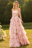 Pink Strapless Floral A Line Corset Beaded Tiered Long Prom Dress with Ruffles