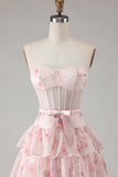 Pink Floral Strapless Tiered A Line Corset Print Beaded Long Prom Dress with Ruffles