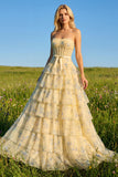 Pink Floral Strapless Tiered A Line Corset Print Beaded Long Prom Dress with Ruffles