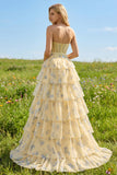 Pink Floral Strapless Tiered A Line Corset Print Beaded Long Prom Dress with Ruffles