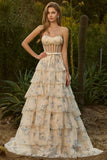 Pink Strapless Floral A Line Corset Beaded Tiered Long Prom Dress with Ruffles