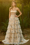 Strapless A Line Yellow Floral Beaded Corset Long Prom Dress with Ruffles