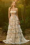 Strapless A Line Yellow Floral Beaded Corset Long Prom Dress with Ruffles