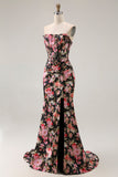 Black Pink Floral Mermaid Strapless Corset Long Prom Dress with Slit