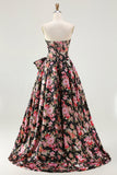 Black Pink Flower A Line Strapless Printed Long Prom Dress with Bow