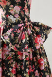 Black Pink Flower A Line Strapless Printed Long Prom Dress with Bow
