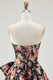 Black Pink Flower A Line Strapless Printed Long Prom Dress with Bow