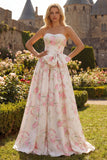 Strapless A Line White Pink Flower Printed Long Prom Dress with Bow