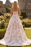 Strapless A Line White Pink Flower Printed Long Prom Dress with Bow