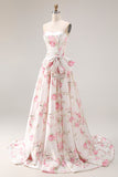 Black Pink Flower A Line Strapless Printed Long Prom Dress with Bow