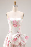 Black Pink Flower A Line Strapless Printed Long Prom Dress with Bow