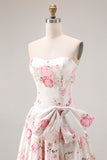 Black Pink Flower A Line Strapless Printed Long Prom Dress with Bow