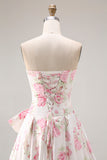 Black Pink Flower A Line Strapless Printed Long Prom Dress with Bow