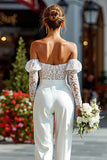 Lace White Off the Shoulder Bridal Jumpsuits with Pockets