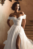 White Off the Shoulder A Line Wedding Dress with Slit