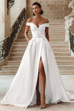 White Off the Shoulder Ball Gown Wedding Dress with Slit