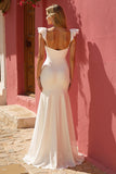 White Mermaid Cap Sleeve Ruched Long Wedding Dress with Slit