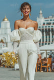 Off The Shoulder Ruched White Lace Wedding Jumpsuits