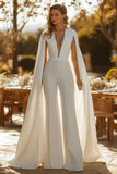 Ivory V Neck Cape Sleeve Wedding Jumpsuits