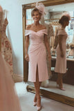Blush Pink Sheath Off The Shoulder Mother Of The Bride Dress with Slit