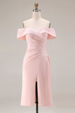 Blush Pink Sheath Off The Shoulder Mother Of The Bride Dress with Slit