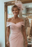 Blush Pink Sheath Off The Shoulder Mother Of The Bride Dress with Slit