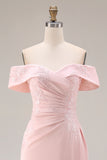 Blush Pink Sheath Off The Shoulder Mother Of The Bride Dress with Slit