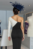 Black and White Sheath One Shoulder Midi Mother Of The Bride Dress
