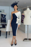 Black and White Sheath One Shoulder Midi Mother Of The Bride Dress