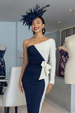 Black and White Sheath One Shoulder Midi Mother Of The Bride Dress