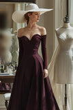 Cabernet A Line Satin Off the Shoulder Long Sleeves Mother of the Bride Dress