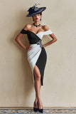 Black and White Off The Shoulder Bodycon Midi Mother Of The Bride Dress with Slit