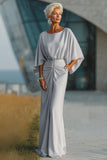 Silver Boat Neck Sheath Long Mother Of The Bride Dress