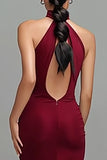 Burgundy Halter Mermaid Keyhole Long Formal Dress