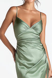 Sage Green Satin Sheath Spaghetti Straps Long Formal Dress with Slit