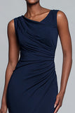 Navy Sheath Ruched Long Formal Dress