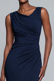 Navy Sheath Ruched Long Formal Dress