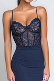 Navy Sheath Corset Spaghetti Straps Long Formal Dress with Lace
