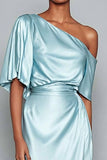 Light Blue Satin One Shoulder Sheath Long Formal Dress with Sleeves