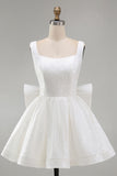 Sparkly Ivory A Line Square Neck Sequins Short Prom Dress with Back Giant Bow