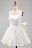 Sparkly Ivory A Line Square Neck Sequins Short Prom Dress with Back Giant Bow