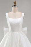 Sparkly Ivory A Line Square Neck Sequins Short Prom Dress with Back Giant Bow