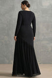 Black Crepe Chiffon Mermaid Pleated Plus Size Formal Dress with Ruffles