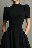Black Crepe A Line Formal Dress with Short Sleeves