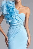 Light Blue One Shoulder Mermaid Long Formal Dress with Ruffles