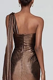 Brown Sheath One Shoulder Ruched Maxi Formal Dress with Slit