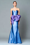 Strapless Blue Mermaid Formal Dress with Bow